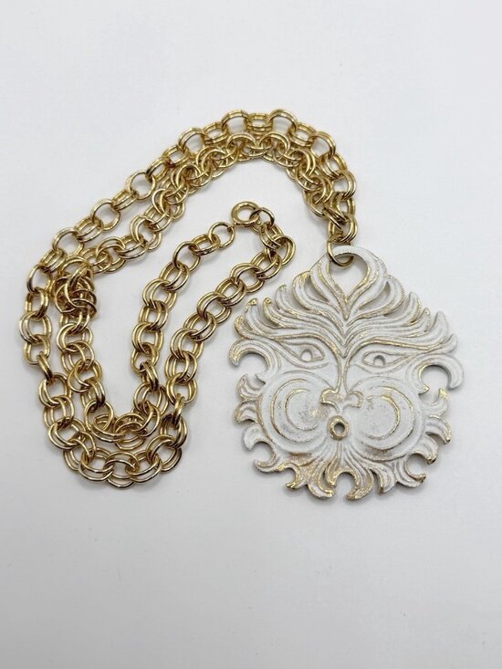 Coro Jewelry - Coro White Enamel Celestial Wind God Mask Pendant Necklace
